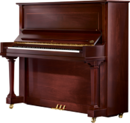 Upright piano made with polished wood tones.